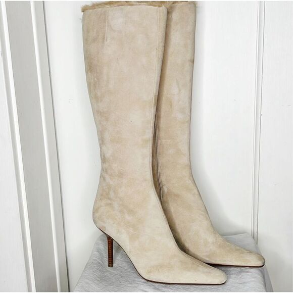 Anne Klein Suede Knee High Boot Fur Trim Size 7.5 New - Picture 1 of 11